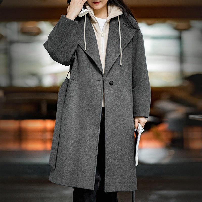 Wool Blends Coat for Women Lapel Collar Long Overcoat Belt Vintage Winter KilyClothing