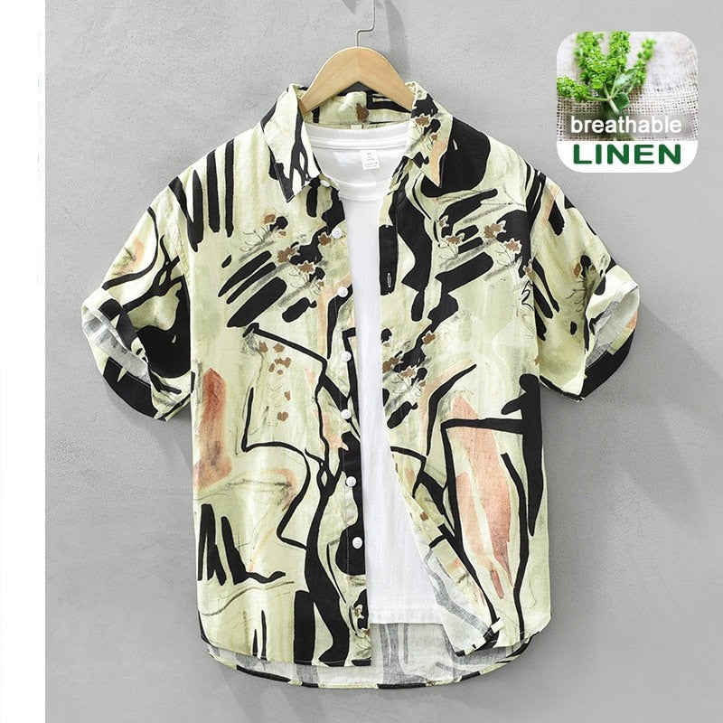 Vintage Printed Shirt for Men Clothing Pure Linen Breathable Short Sleeve Streetwear KilyClothing