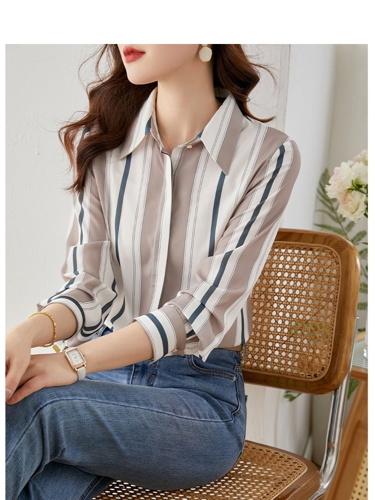 Spring Loose Fit Turn-down Collar Single Breasted Long Sleeve Vintage Striped Shirts KilyClothing